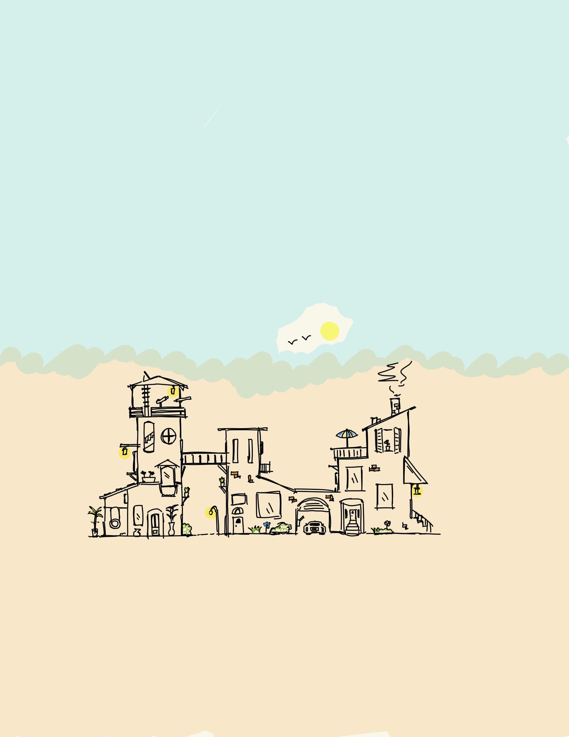 Pastel digital drawing of a small hillside town under a pale blue sky with a yellow sun