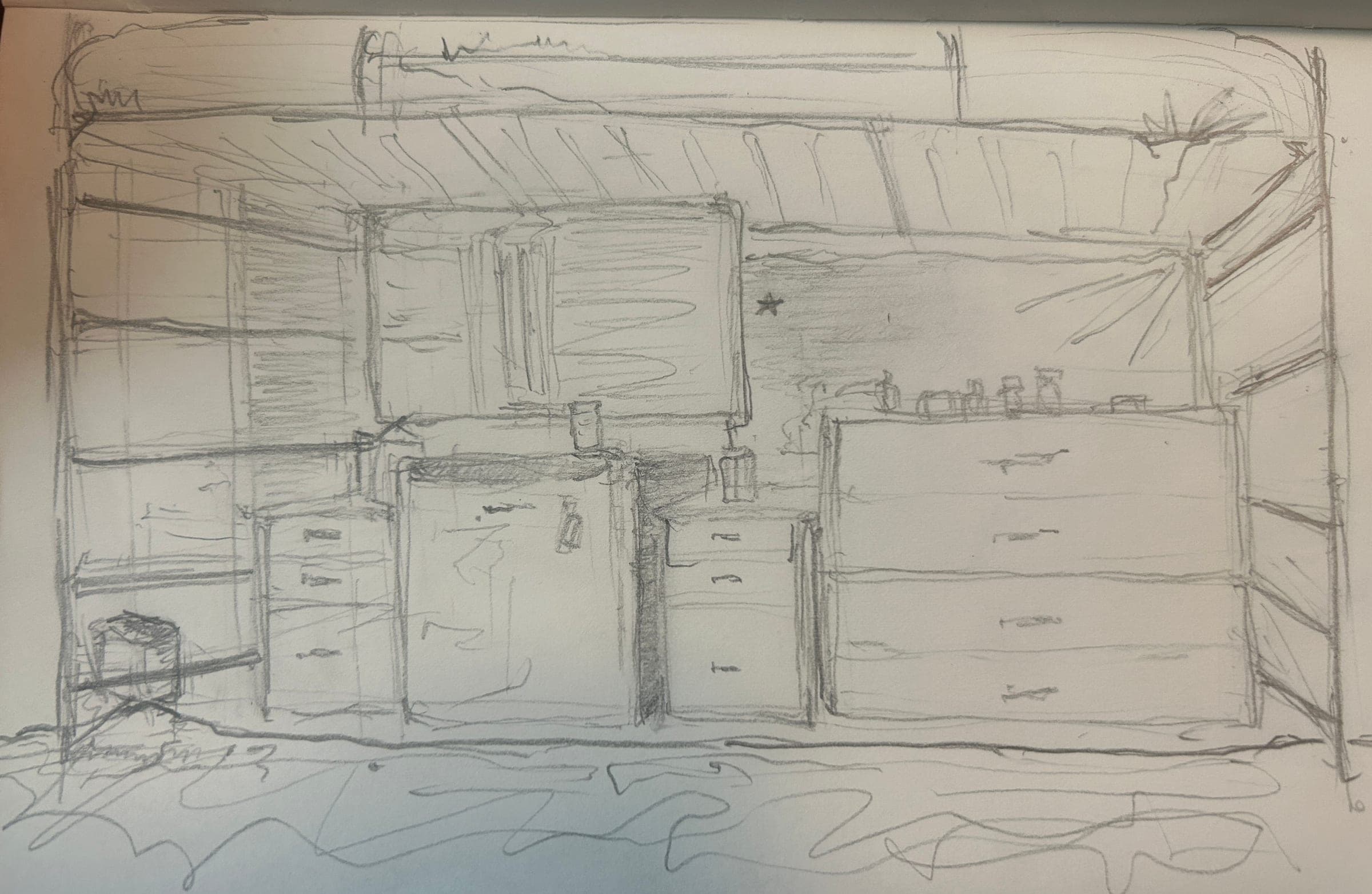 Pencil drawing of a kitchen wall: cabinets, drawers and a counter lined with jars