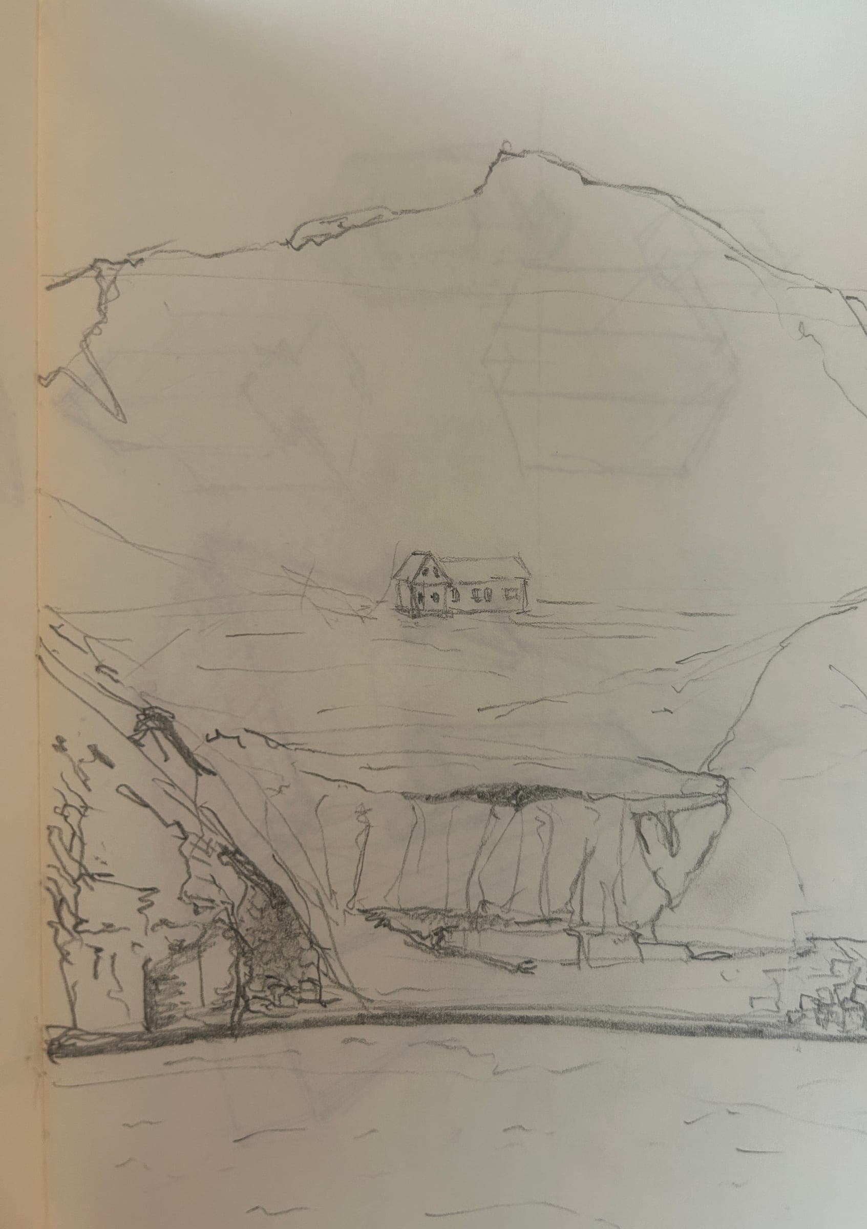 Pencil landscape of a small house on a hillside beneath a mountain ridge