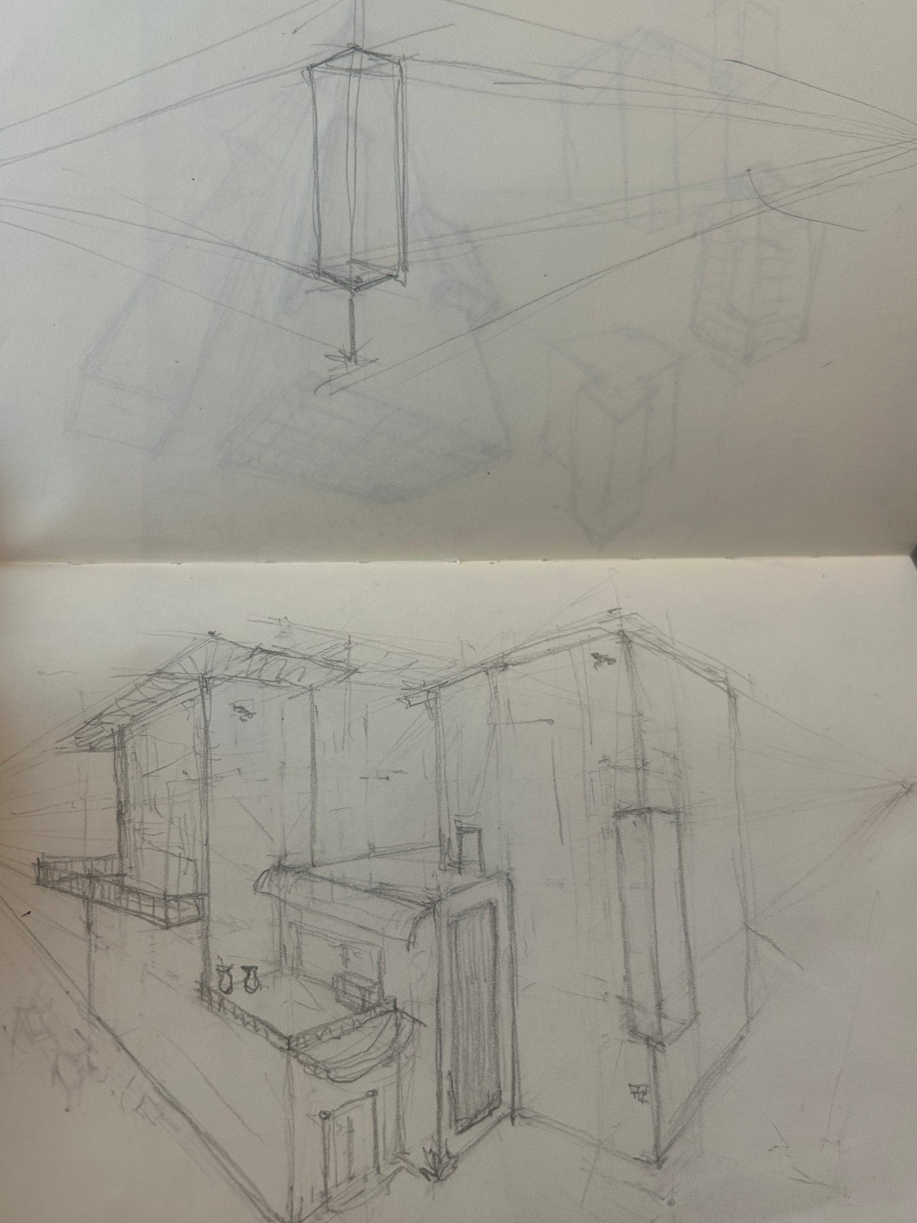 Pencil perspective study of a building corner with construction lines to vanishing points