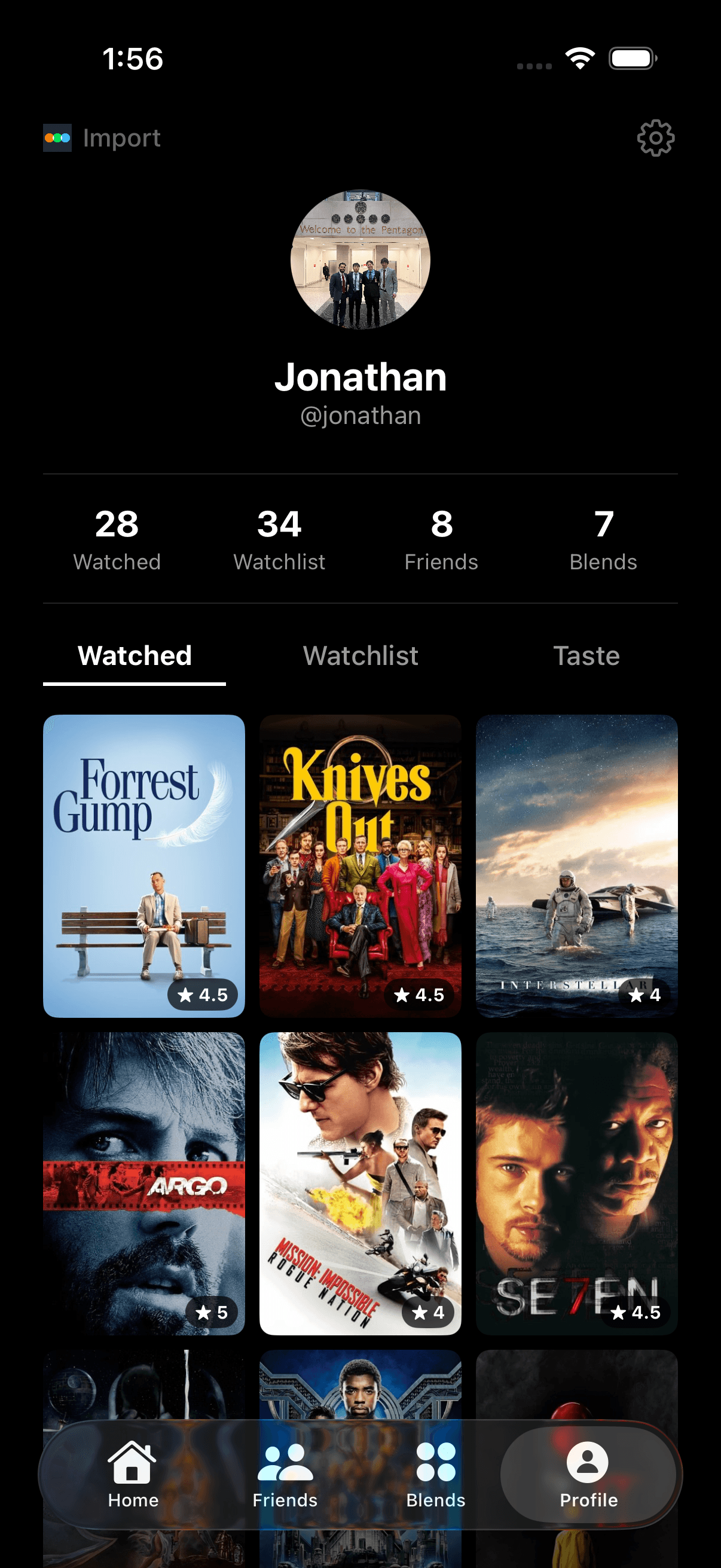 blnd app screen showing a user's taste profile