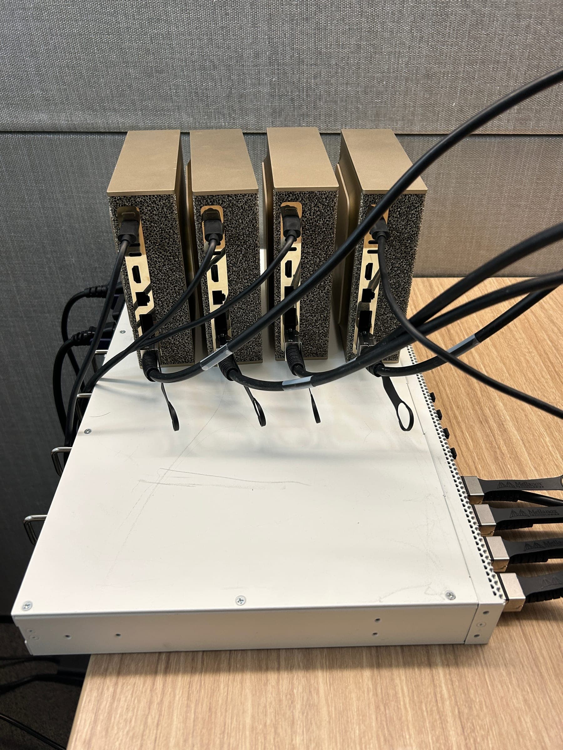 Four DGX Sparks cabled into a network switch